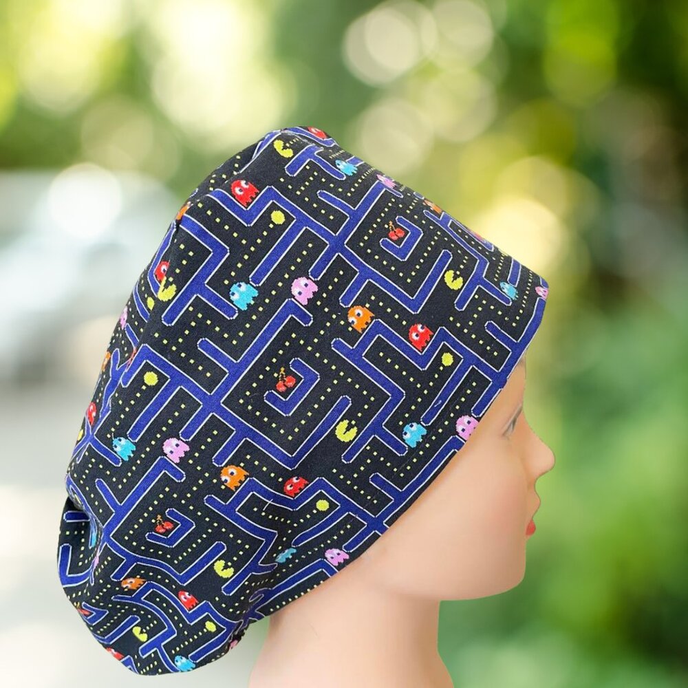 PREMIUM Pac Man Retro Game~ Euro Style Scrub Cap, Unisex Nurse Cap, CNA, MP, MD.